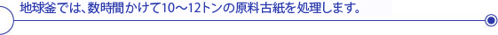 地球釜では、数時間かけて10～12トンの原料古紙を処理します。